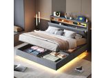 Letto Imbottito Merax 140X200 Con Led E Testata Reversibile, Letto A Molle Idrauliche In Lino, Letto Contenitore Galleggiante Con Connessione Usb, Grigio