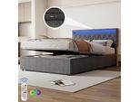 Letto Imbottito Merax 140X200 Cm, Letto Piano Con Led, Connessione Di Ricarica Usb E Type-C, Contenitore Idraulico, Letto Matrimoniale, Biancheria, Grigio