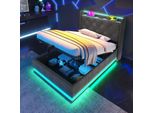 Letto Imbottito Flieks 90X200Cm Con Funzione Di Ricarica (Usb&Typ-C), Letto Giovanile Letto Singolo Letto Contenitore Con Led, Letto A Molle Idrauliche, Biancheria, Grigio