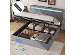 Letto Imbottito Merax 180X200 Cm, Letto Piano Con Led, Connessione Di Ricarica Usb E Type-C, Contenitore Idraulico, Letto Matrimoniale, Biancheria, Grigio