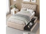 Letto Piano 90 X 200 Cm, Letto Imbottito, Comodino Imbottito Con Rivetti Decorativi, Doppio Cassetto, Beige Scuro