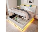 Letto Imbottito Flieks 140X200Cm Con Funzione Di Ricarica (Usb&Typ-C), Letto Giovanile Letto Matrimoniale Letto Contenitore Con Led, Letto A Molle Idrauliche, Pu, Bianco