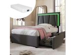 Letto Imbottito Con Led E 2 Cassetti, Testata Regolabile In Altezza,Letto Singolo 90X200Cm Letto Contenitore Struttura Letto, Garu Con Materasso