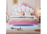 Letto Imbottito 140 X 200 Cm Letto Matrimoniale Piatto, Letto Da Principessa A Forma Di Corona, Striscia Luminosa Ambientale A Led Regolabile, Rosa