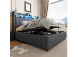 Letto Imbottito 140X200Cm, Testiera Con Ripiani E Spazio Di Archiviazione, Con Sistema Idraulico, Letto Matrimoniale Per Adulti, Grigio
