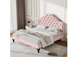 Letto Imbottito 140 X 200 Con Rete A Doghe E Testata, Letto Imbottito Con Testata Regolabile In Altezza, Velluto, Rosa