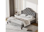 Letto Imbottito 140 X 200 Con Rete A Doghe E Testata, Letto Imbottito Con Testata Regolabile In Altezza, Velluto, Grigio