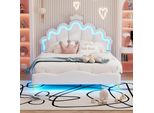 140 X 200 Cm Letto Matrimoniale Piatto, Letto Da Principessa A Forma Di Corona, Striscia Luminosa Ambientale A Led Regolabile, Bianco