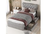 Letto Piano 90 X 200 Cm, Letto Imbottito, Comodino Imbottito Con Rivetti Decorativi, Doppio Cassetto, Grigio