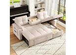Divano Angolare Merax, Divano Letto A L Con Funzione Letto, Box Letto, Cuscini, Tasche Laterali, Portabicchieri Estraibile, Divano Letto In Lino, Beige