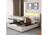 Letto Imbottito 160 X 200 Cm, Letto Funzionale Con Rete A Doghe E Contenitore, Con Illuminazione A Led, Con Funzione Contenitore, Bianco, Pu