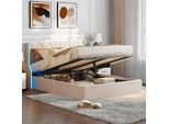Letto Imbottito Fortuna Lai 140X190 Cm, Letto Imbottito Con Led, Letto Matrimoniale Con Contenitore E Rete A Doghe, In Velluto Beige
