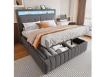 Letto Imbottito Merax 160X200 Cm Con Led, Usb, Letto Matrimoniale Con Contenitore Idraulico, Testata Con Ripiani, Letto Per Adulti Con Rete A Doghe, Grigio Lino