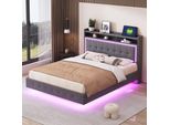 Letto Imbottito Merax 140X200Cm Con Presa Usb E Led, Letto Contenitore Con Testiera, Design Fluttuante, Letto Matrimoniale In Tessuto Di Lino, Grigio