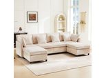Divano Angolare Merax Con Funzione Letto, Divano A U A 4 Posti Con 2 Poggiapiedi, 6 Cuscini, Divano Da Salotto, Set Di Divani, Divano, Divano, Ciniglia, Beige