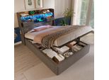 Letto Imbottito Idraulico Flieks 90X200Cm Con Usb & Type-C, Letto Singolo A Molle Con Led, Letto Contenitore Per Giovani Con Cassetti, Lino, Grigio