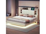 Letto Imbottito Merax 160 X 200 Cm Con Connessione Usb, Letto Contenitore Con Striscia Luminosa A Led, Testata Reversibile Con Vani E Ripiani, Tessuto Di Lino Beige