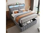 Letto Imbottito Merax 140X200 Cm Con Led, Usb, Letto Matrimoniale Con Contenitore Idraulico, Testata Con Ripiani, Letto Per Adulti Con Rete A Doghe, Grigio Lino