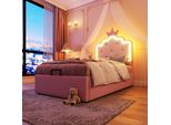 Letto Imbottito Merax 90X200 Cm, Letto Da Principessa Per Bambini Con Contenitore Idraulico, Led, Rete A Doghe, Forma A Corona, Letto Piano, Letto Per Ragazzi, Pu, Rosa
