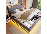 Letto Imbottito Merax 140X200Cm Con Led E Usb, Letto A Molle Idrauliche Con Rete A Doghe, Contenitore E Struttura In Metallo, Letto Matrimoniale Biancheria Giovanile, Grigio