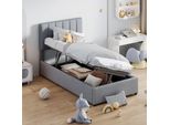 Letto Per Bambini Imbottito 90X200 Cm, Letto Contenitore Idraulico, Letto Con Contenitore Alto In Lino Skin-Friendly, Grigio
