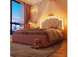 Letto Imbottito Merax 140X200 Cm, Letto Da Principessa, Letto Per Bambini Con Contenitore Idraulico, Led, Rete A Doghe, Forma A Corona, Letto Piano, Letto Per Ragazzi, Pu, Rosa
