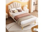 Letto Imbottito In Velluto, 90 X 200 Cm, Letto A Conchiglia Con Gambe In Ferro Dorato, Testata Regolabile In Altezza, Rete A Doghe In Legno, Beige
