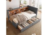 Letto Imbottito Flieks 90X200Cm Con Cassetti, Daybed Daybed Con Usb E Type-C, Letto Singolo Letto Per Ragazzi Divano Letto Con Ripiani, Biancheria, Grigio