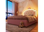 Letto Imbottito Merax 140X200 Cm, Letto Da Principessa Per Bambini Con 2 Cassetti, Led, Rete A Doghe, Forma A Corona, Letto Piano, Letto Per Ragazzi, Pu, Rosa