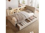 Letto Imbottito Flieks 90X200Cm Con Cassetti, Daybed Daybed Con Usb E Type-C, Letto Singolo Letto Giovanile Divano Letto Con Ripiani, Biancheria, Beige