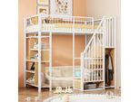 Letto A Castello Flieks 90X200Cm Con Libreria, Letto A Soppalco In Metallo Con Scale E Appendiabiti, Letto Per Bambini Con Protezione Anticaduta E Rete A Doghe, Bianco