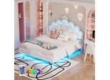 Letto Imbottito Merax 140X200Cm Con Luci Led, Testata Regolabile, Gambe Dorate, Letto Da Principessa Con Design A Corona, Pu, Letto Per Bambini, Letto Per Giovani, Bianco