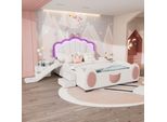 Letto Imbottito Merax 140X200Cm, Letto A Cartoni Animati Con Scivolo, Scale, Luci Led, Design A Farfalla, Letto Per Bambini, Letto Per Ragazzi, Pu, Bianco