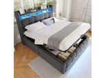 Letto Imbottito Flieks 140X200Cm Con Funzione Di Ricarica (Usb E Presa), Letto A Molle Insacchettate Con Contenitore, Letto Per Ragazzi Letto Matrimoniale Con Led, Biancheria, Grigio