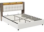 Letto Imbottito 160X200Cm Con Rete A Doghe, Contenitore E Illuminazione Led, Velluto, Bianco