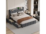 Letto Matrimoniale Imbottito (160 X 200 Cm), Testata A Led, 4 Cassetti, Connessione Usb, Biancheria Da Letto Grigia, Materasso Non Incluso Nella Fornitura