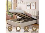 Letto Contenitore 160 X 200 Cm Con Rivestimento In Velluto Beige, Rete Illuminata A Led E Rete A Doghe