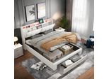 Letto Contenitore 160X200 Cm Con Illuminazione A Led, Rete A Doghe, Connessione Usb Tipo C E Rivestimento In Velluto Bianco