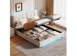 Letto Con Contenitore 160X200 Cm, Illuminazione Led, Testata Imbottita, Rete A Doghe Pieghevole, Beige
