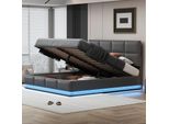 Letto Contenitore 180 X 200 Cm - Letto Matrimoniale Con Illuminazione A Led, Imbottito, Funzione Di Sollevamento Idraulico, Rete A Doghe, Testata, Rivestimento In Ecopelle - Grigio