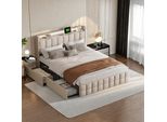 Letto Matrimoniale Imbottito (140 X 200 Cm), Testata A Led, 4 Cassetti, Connessione Usb, Biancheria Da Letto Beige, Materasso Non Incluso Nella Fornitura