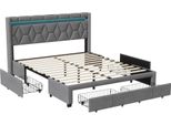 Letto Matrimoniale Imbottito 140 X 200 Cm Con 4 Cassetti, Illuminazione A Led, Connessione Usb, Giroletto E Biancheria Da Letto Grigia