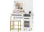 Tavolo Da Toilette Costway Tavolo Cosmetico Con Stazione Di Ricarica, Led, Portagioie, Sgabello, Specchio, 3 Cassetti E Porta Asciugacapelli Bianco