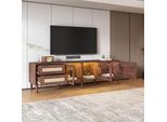 Mobile Tv Merax 180Cm Con 2 Cassetti In Rattan, 2 Ante In Vetro E 1 Anta In Rattan, Mobile Tv Per Tv 80 Pollici, Mobile Tv Con Led E Vetro, Marrone