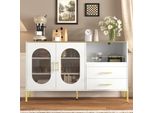 Credenza Merax 140X38X90Cm Bianca Con Ante In Vetro, Cassettiera Con Cassetti E Accenti Dorati, Elegante Cassettiera Con Gestione Dei Cavi E Spazio Di Archiviazione Per Soggiorno, Sala Da Pranzo E Corridoio