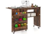 Tavolo Da Cucito Pieghevole, Postazione Di Lavoro Con Vano Portaoggetti, 3 Contenitori Nascosti, Tavolo Da Cucito Mobile Con Ruote Bloccabili Per Casa, Piccole Stanze, 118,5 X 40 X 79,5 Cm Marrone/Naturale/Bianco