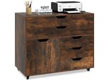 Costway Piedistallo Mobile Con Rotelle, 5 Cassetti E Armadio, Schedario, Cassettiera Con Piano Di Lavoro, Carrello, Piedistallo In Legno Per Ufficio, Marrone