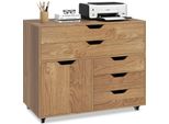 Costway Piedistallo Mobile Con Rotelle, 5 Cassetti E Armadio, Schedario, Cassettiera Con Piano Di Lavoro, Carrello, Piedistallo In Legno Per Ufficio, Natura