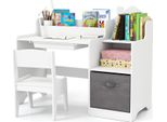Scrivania Per Bambini Costway, Scrivania Per Bambini Con Sedia, Cassetto, Ripiani E Contenitore In Tessuto, Banco Di Scuola In Legno Per Bambini Dai 3 Anni In Su, Bianco