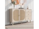 Credenza Merax Con Intreccio In Rattan, 3 Cassetti E 2 Ante, Cassettiera Con Piedini In Legno E Maniglia Ad Arco In Metallo, Lavagna Tv Bassa Larghezza 120 Cm, Rovere